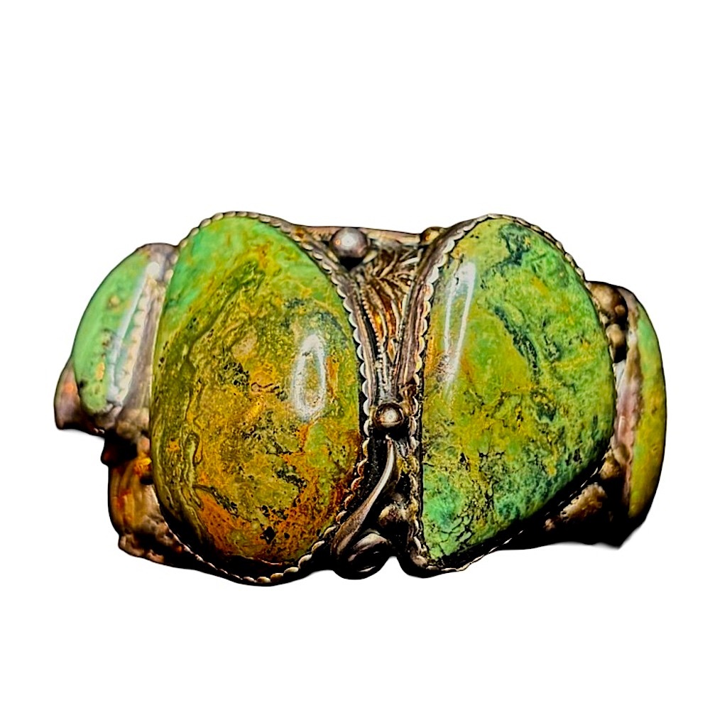 •SOLD• 50s Vintage Navajo Sterling Cluster Green Turquoise Statement Cuff